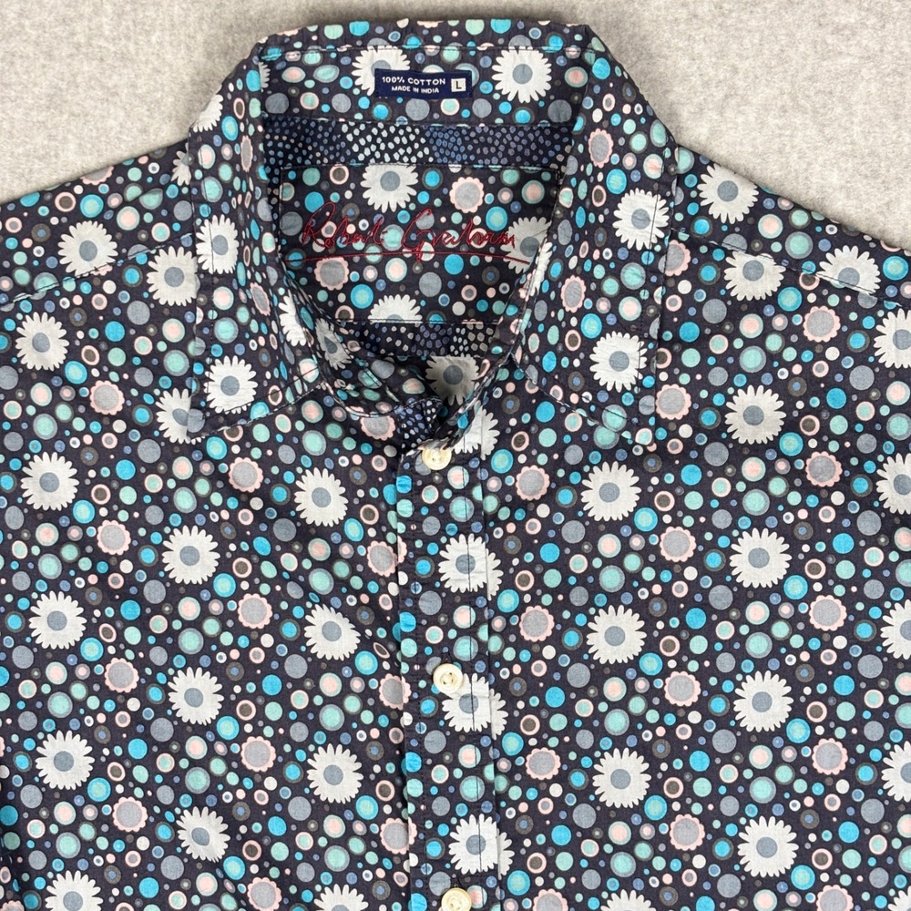 Robert Graham Shirt Mens Large Floral Dot Print Blue Button Down Flip Cuff - Picture 2 of 10